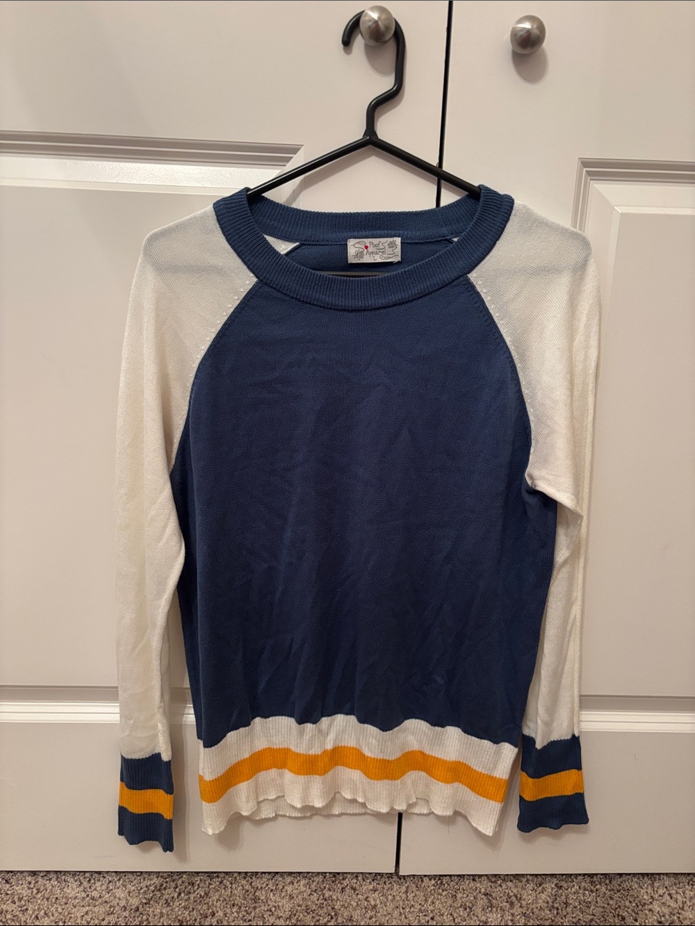 Women’s Blue and White Raglan Long Sleeve Top with Yellow Stripe